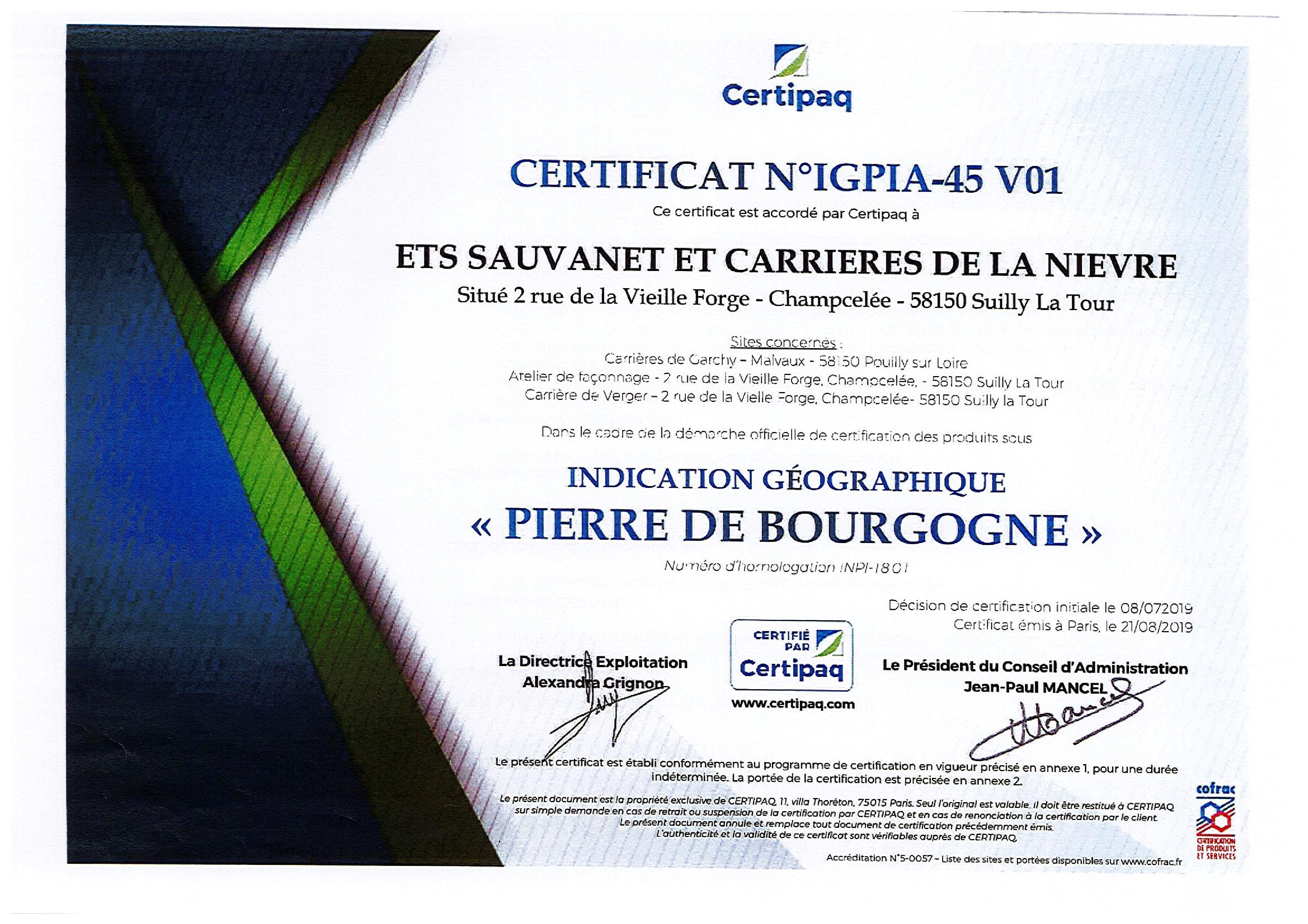 Certificat IG Pierre de Bourgogne